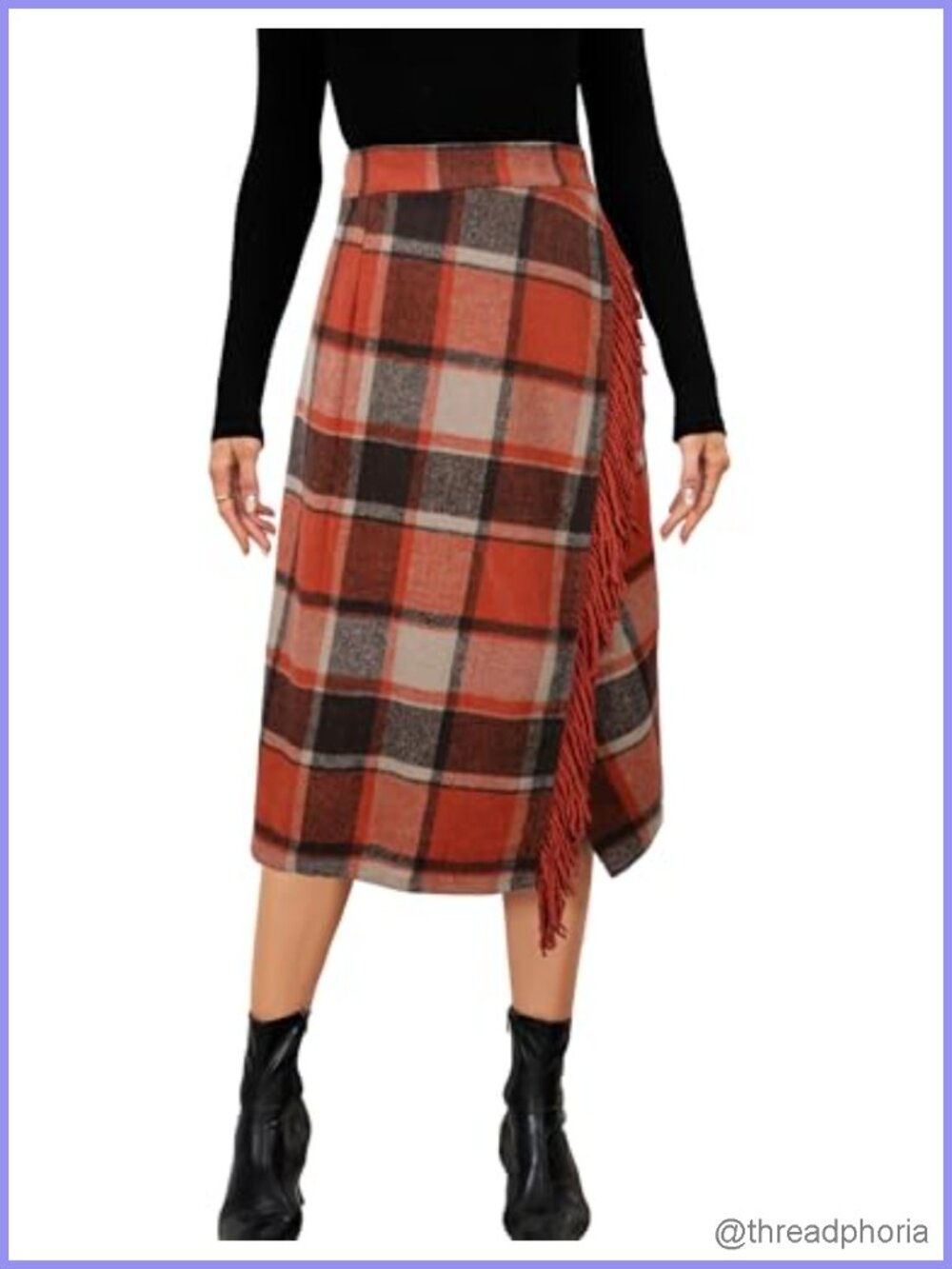 Women's Plaid Fringed Midi Wrap Skirt, A-Line Wool Blend Fall Winter